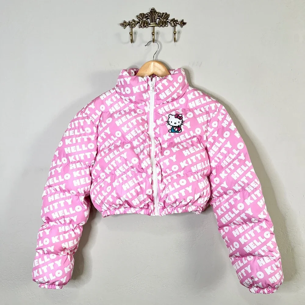 SHEIN x Hello Kitty Pink Puffer‎ Jacket Cropped Full Zip Embroidered Kids Size L